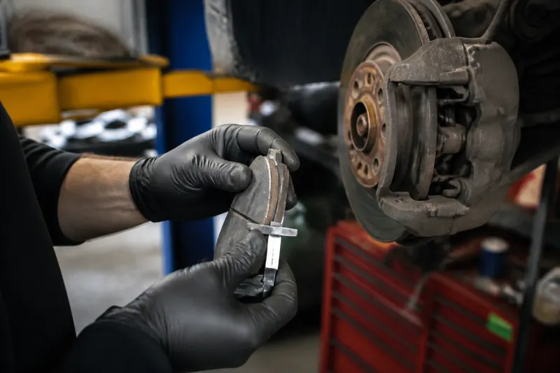 A mechanic measuring brake pad thickness with a gauge