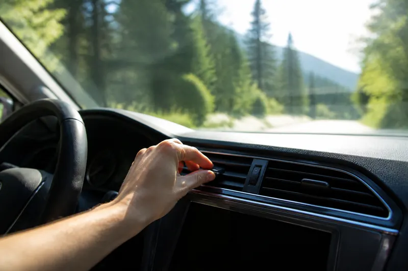 A hand adjusting a car's air conditioning vent on a sunny day