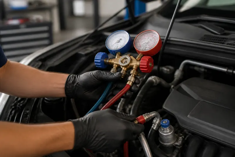 A technician connecting A/C gauges to a car under the hood