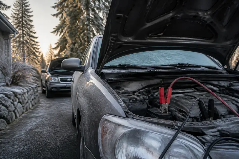 Jumper cables on a car battery on a frosty morning
