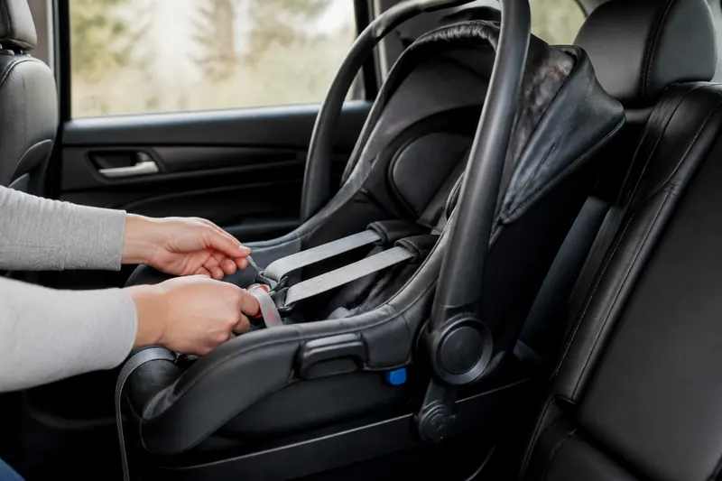 A parent adjusting the harness on a rear-facing infant car seat in the back seat
