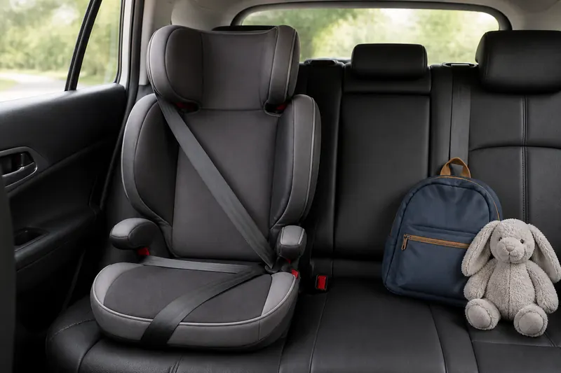 A high-back booster seat buckled into the back seat with a backpack and stuffed bunny