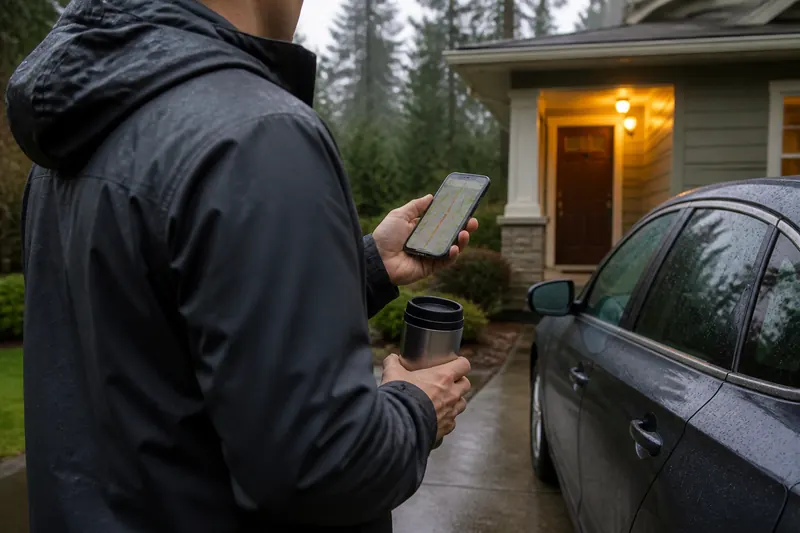A commuter with a travel mug checking traffic on a phone beside the car before leaving