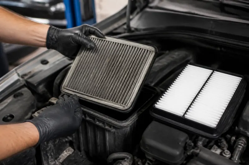 A mechanic swapping a dirty engine air filter for a new one