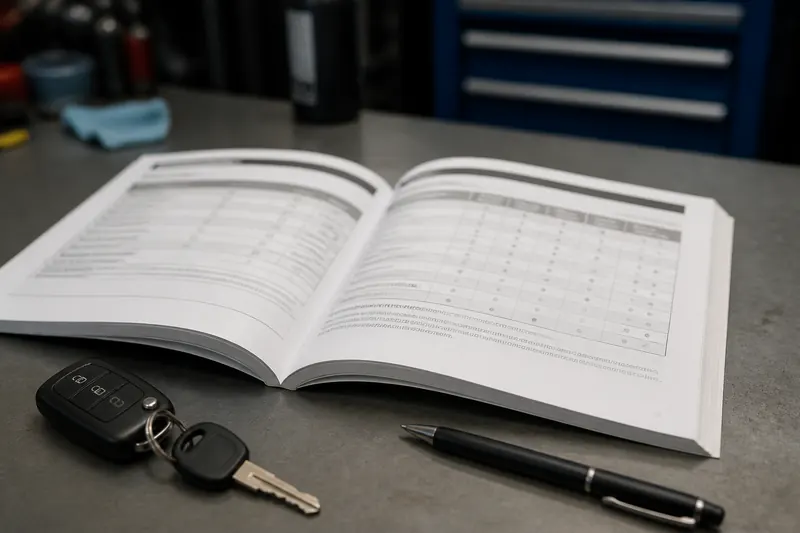 An owner's manual open to the maintenance schedule beside a set of car keys