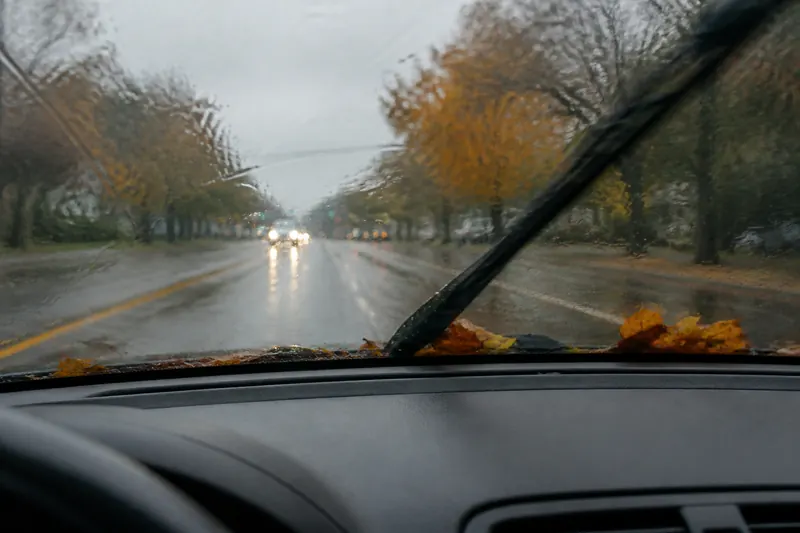 Windshield wipers clearing rain and wet leaves on a fall drive