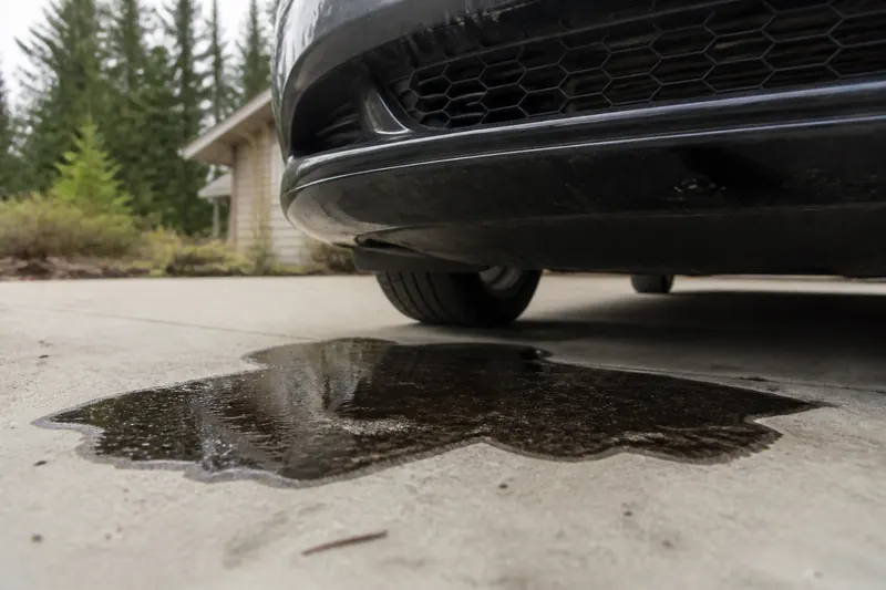 An oil puddle on a concrete driveway under a parked car