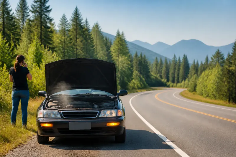 A car pulled onto the shoulder of a sunny highway with its hood up while the driver calls for help
