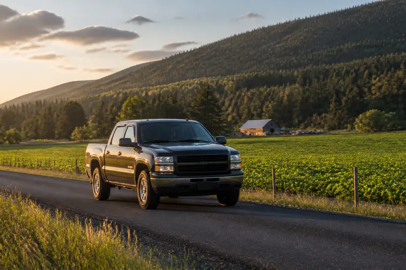 A pickup truck on a country road at golden hour