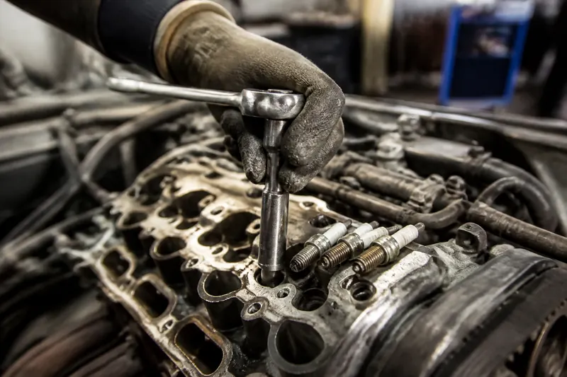 A mechanic installing a new spark plug