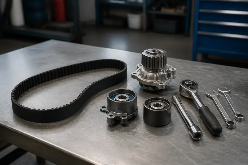 A new timing belt, water pump and tensioner laid out on a workbench